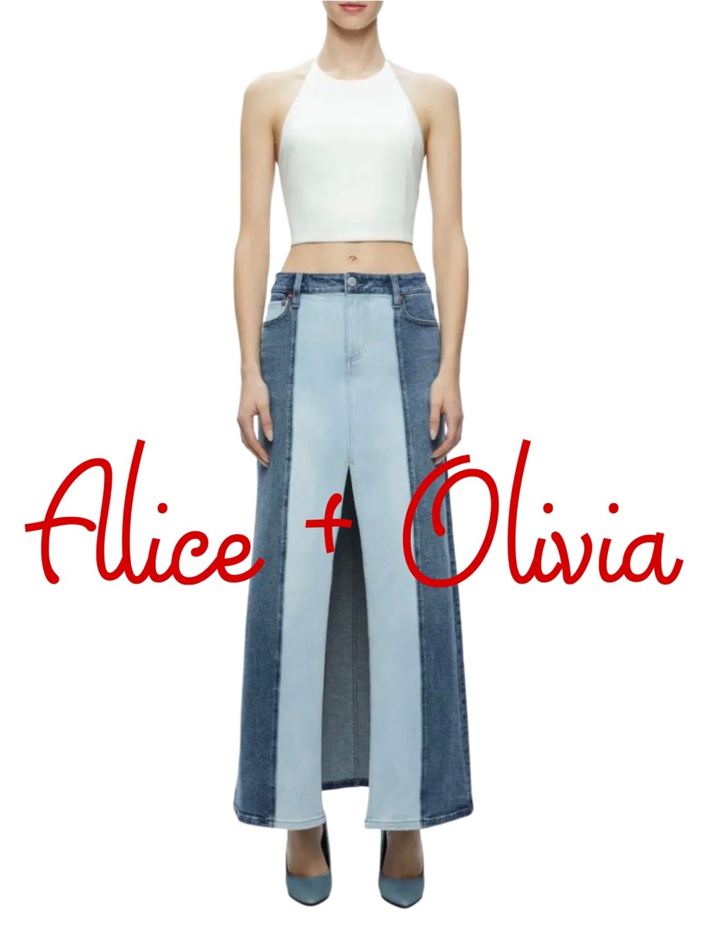 NWT ALICE + OLIVIA  Rye Two-Tone Denim Maxi Skirt in Brooklyn Blue